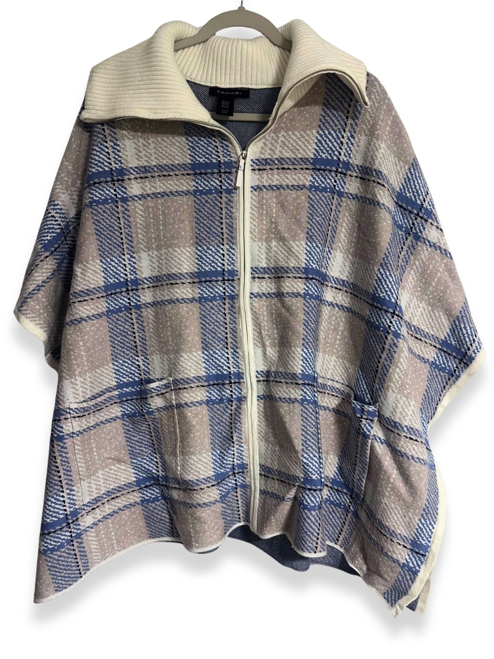Tahari Cream, Blue & Taupe Plaid Zip-Front Poncho